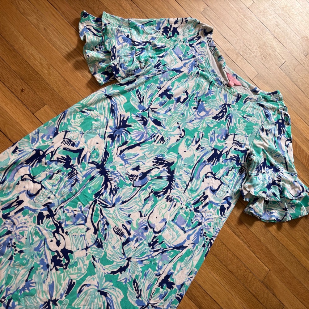 Lilly Pulitzer Lula Shift Dress Tropical Elephant Appeal Pattern Medium Ruffles